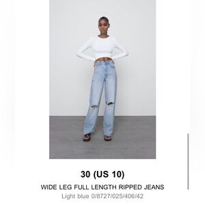 Zara size 10 full length wide leg ripped jeans